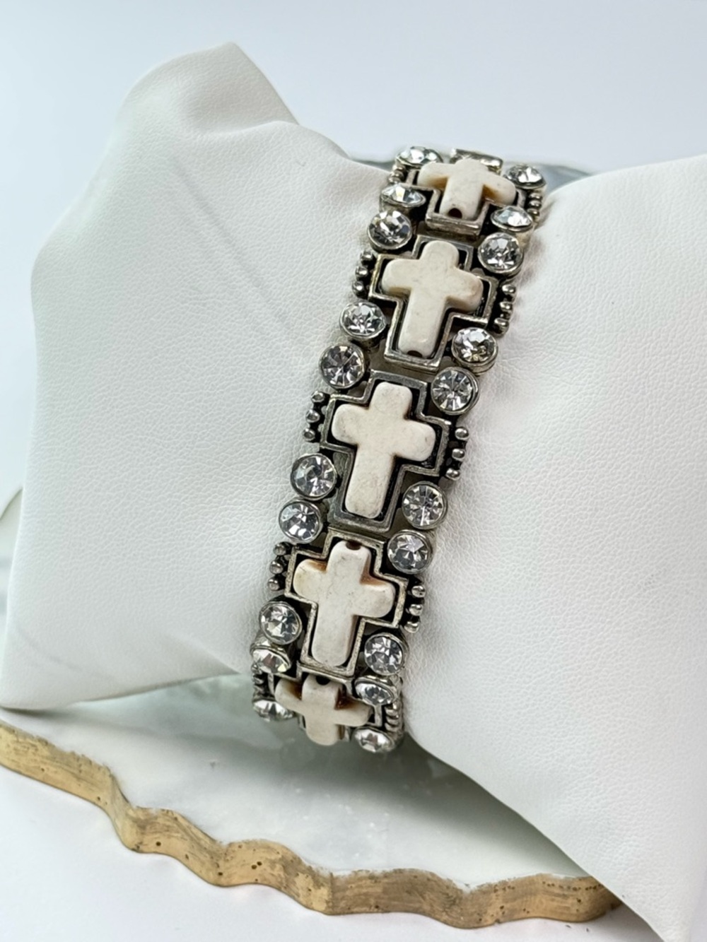 Rhinestone Cross Stretch Bracelet Silver Tone Statement NWOT